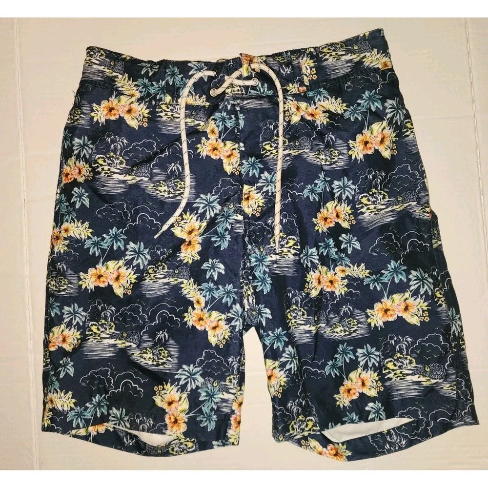 St. John's Bay Men's S Blue Floral Print Swim Shorts Drawstring Size S, Vacation